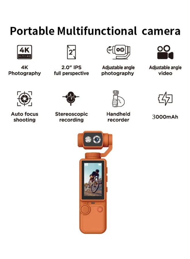 كالوبي كاميرا AirTab Pocket 4 فائقة الوضوح بدقة 4K مع مثبت جيمبال قابل للتعديل بزاوية 180 درجة، وشاشة IPS بحجم 2 بوصة، وبطارية بسعة 3000 مللي أمبير، مثالية لتصوير الفيديوهات الشخصية، وتسجيل الرحلات، والمغامرات الخارجية، باللون البرتقالي. - Image 4